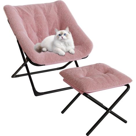Loungesessel mit Hocker, klappbar, rosa Kunstfell, Eisenrahmen (1/5)