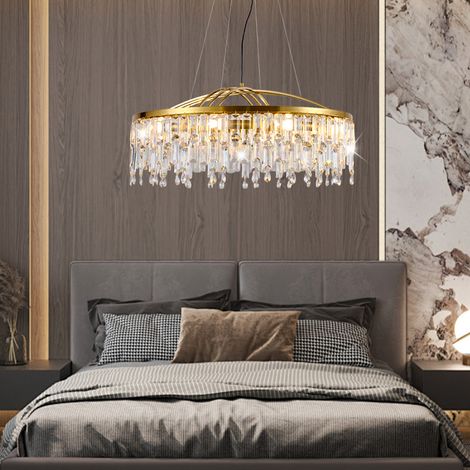 Grosse Kristall Haengeleuchte Gold 80 cm runde Pendellampe mit Kristallbehang und 10x E14 hoehenverstellbar elegante Deckenleuchte fuer Wohnzimmer