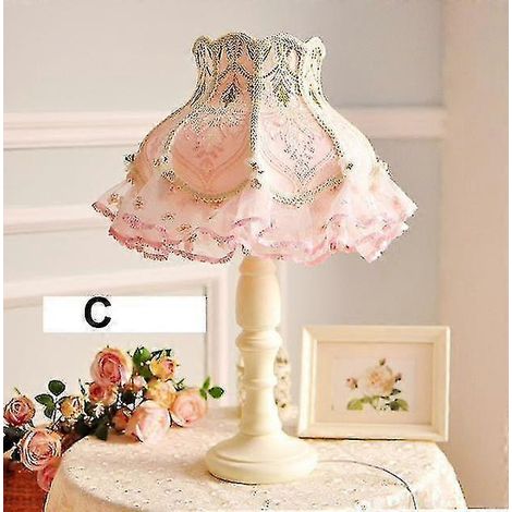 Lampe de table de chevet avec abat-jour en dentelle et pompon, en bois, lampe de bureau, lampe de nuit E27d92(C) (1/4)