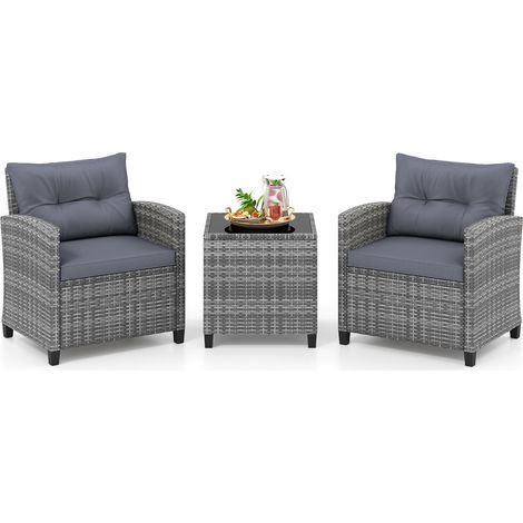 Set da giardino in rattan composto da 3 pezzi con cuscini e tavolo in vetro. (1/5)