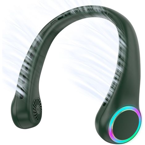 Ventilador de cuello, mini ventilador USB, ventilador sin aspas, viento potente y silencioso, 4000 mAh, 3 velocidades, verde (1/5)