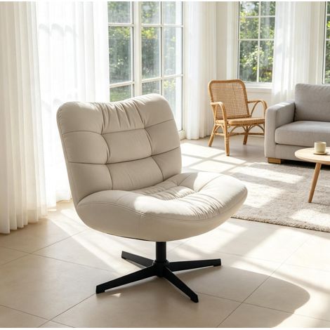 Poltrona lounge girevole 70x80x82 cm in ciniglia color crema, seduta ampia – MEUBLIV (1/5)