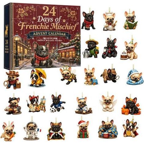 Calendrier de l'Avent surprise Bouledogue français, porte-clés acrylique en forme de chien mignon, boîte surprise de Noël (1/5)