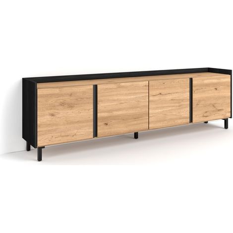 Skraut Home - Mueble TV, Televisión, Muebles de salón, almacenaje, 207x35x61cm, Para TV hasta 80", Diseño industrial, Estilo Moderno, Roble y negro (1/5)