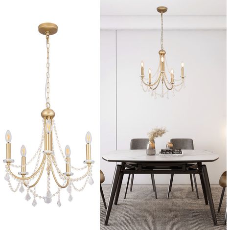 Lustre suspendu cristal doré, 5 lampes E14, D50xH56cm, hauteur réglable, style moderne (1/5)