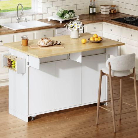 Isola cucina 120x45(70)x92 cm con piano ribaltabile, contenitori e ruote, MDF bianco naturale
