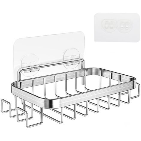 Porte-savon de douche avec 4 crochets en acier inoxydable pour douche, salle de bain, cuisine, lavabo, plan de travail, porte-rasoir et éponge, adhésif de fixation murale inclus