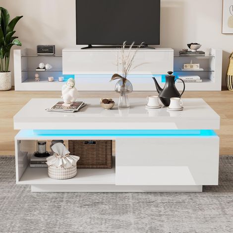 Ensemble de meubles muraux pour TV, table basse, armoire murale haute brillance, ensemble de salon avec lumières LED (blanc)