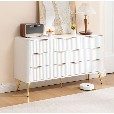 Commode 145x40x80 cm en MDF blanc, avec rangement, pour chambre, salon et couloir FloraGrace (1/5)
