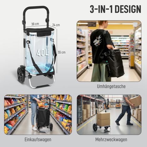 Chariot de courses pliable 3-en-1, 40 L, charge max 25 kg, avec compartiment isotherme, noir