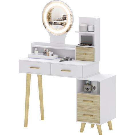 Coiffeuse avec miroir lumineux LED réglable, 5 tiroirs, 4 compartiments, étagère, 100x44x137 cm, blanc et naturel