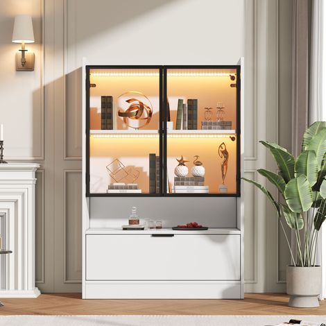 Vitrine LED moderne blanche 120 cm avec portes en verre trempé et meuble abattant OKWISH (1/5)