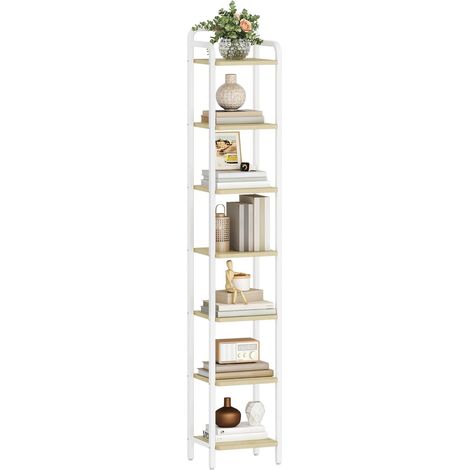 Etagere 7 Niveaux, Bibliotheque, Meuble de Rangement, Étagère d'angle Industriel, pour Bureau, Salon, Chambre, Beige Naturel et Blanc Mat (1/5)