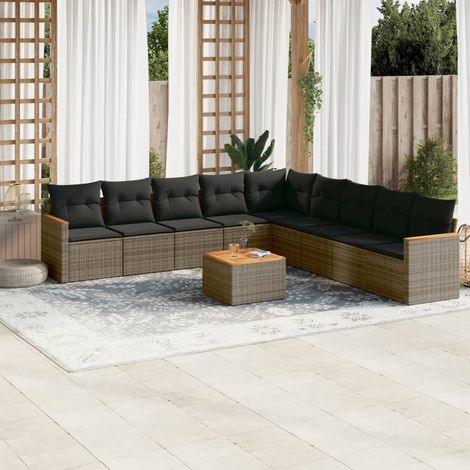 Set Jardin Modulable en Résine Tressée Gris avec Table Acacia et 10 Coussins, 10 Pièces (1/5)