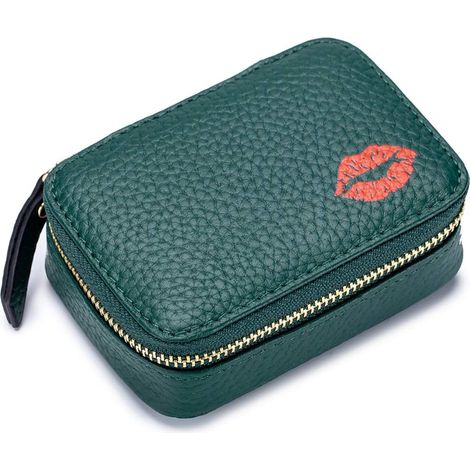Mini étui à rouge à lèvres avec miroir en cuir véritable - Petite pochette de voyage pour maquillage - Kit de rangement pour femmes et filles, vert foncé, S, Trousse de maquillage (1/5)
