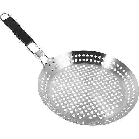Poêle à griller ronde perforée en acier inoxydable 430, poignée de 1 mm en ABS résistant à la chaleur