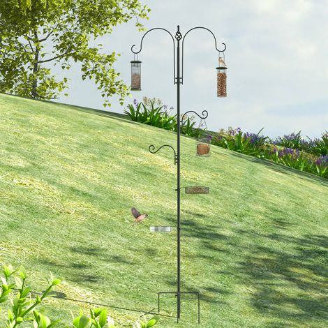 Mangeoire à oiseaux de 208 cm avec 4 crochets, piquet de fixation, bac à eau et à nourriture, mangeoire sur pied pour oiseaux sauvages de jardin, acier noir