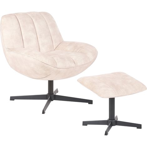 Sillón giratorio de terciopelo con reposapiés estilo mediados de siglo beige Lia