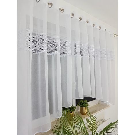 Tenda pronta all'uso realizzata in garza - pizzo guipure, occhielli, bianco (1/5)