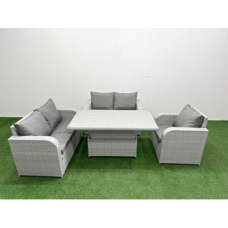 Fimous High Back Poly Rattan Garden Furniture Set with Reclining Chair Loveseat Sofa Adjustable Lifting Dining or Coffee Table Indoor Outdoor Patio Set Light Grey (1/5)