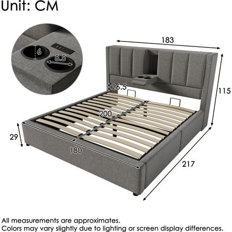 Lit double 180x200 cm gris lin, sommier hydraulique avec rangement intégré, porte-gobelet dissimulé et station de charge, inclut sommier à lattes, sans matelas (1/4)