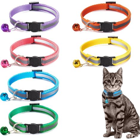 6X Colliers Chats Réfléchissants, Anti-Étranglement, Réglables 19-32cm, Clochette, Boucle de Sécurité. (1/5)