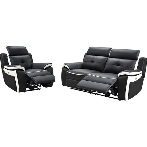 Divano 3 posti e Poltrona relax elettrico in pelle Nero e bianco - ANGELIQUE
