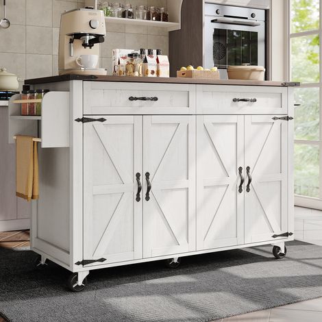 Farmhouse Rolling Kitchen Island Trolley with Large Cabinet,2 Drawers,Adjustable Shelf,and Spice Rack in White