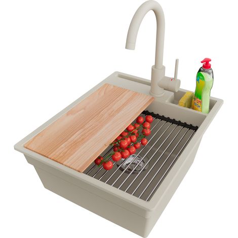 PRIMAGRAN Evier Cuisine en Granit 43x53cm,Lavabo 1 bac + Robinet 32x20cm + Kit de Vidage + Accessoires, Évier à Encastrer au meuble 45cm - Oslo Pocket, Beige (1/5)