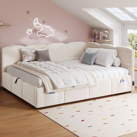Lit banquette moderne en velours beige 140x190 cm avec coffre hydraulique, USB-A/USB-C et poches de rangement