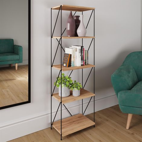 Industrial Style Display Bookcase Skinny 5 Tier Storage Unit Oak Wood Black (1/5)
