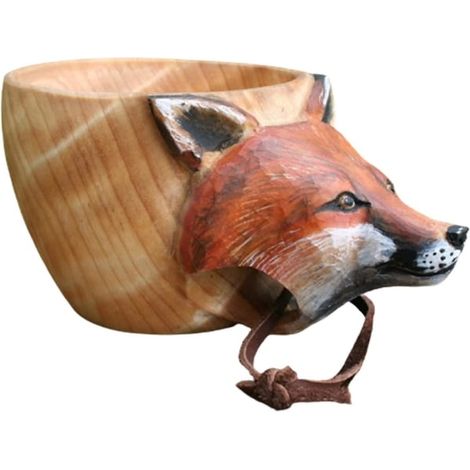 Tasse en bois sculptée main tête d'animal renard, gobelet pour voyageurs et camping, décoration rustique originale (1/2)