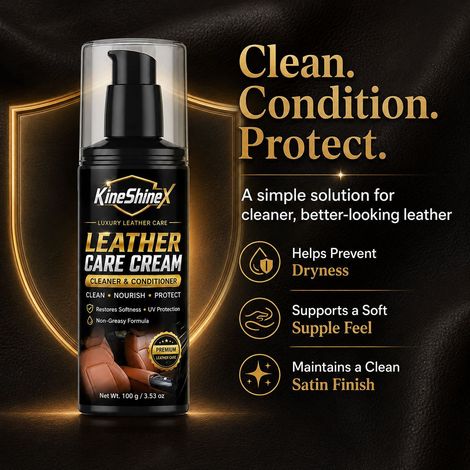 Die KineShineX Lederpflegecreme reinigt, pflegt, poliert und beugt Trockenheit und Rissbildung in Autositzen, Sofas, Ledertaschen und Schuhen vor. (1/4)