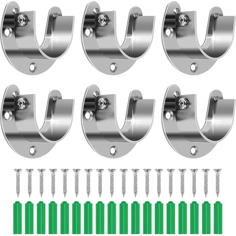 Set di 6 staffe per asta appendiabiti in acciaio inossidabile, con attacchi a U resistenti per aste da 3,2 cm, antiruggine, 18 viti/tasselli inclusi. (1/5)