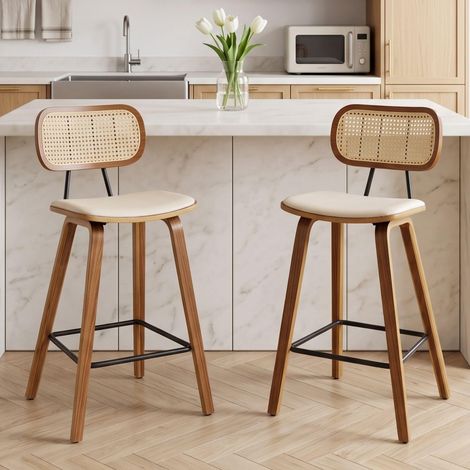 Wahson Juego de 2 Taburetes de Bar con Respaldo de Ratán y Patas de Madera, Estilo Rústico para Barra de Cocina, Bar y Restaurante, Beige