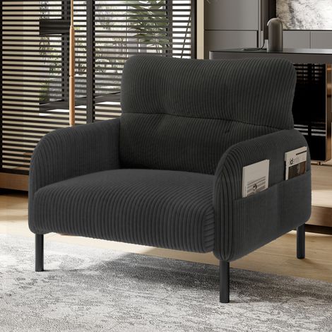 Fauteuil individuel en tissu côtelé gris, 75 x 67 x 79 cm, structure métal, poche latérale (1/5)