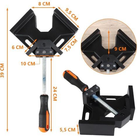 Abrazadera angular de aluminio de 90° – Mordazas de 8 cm – Profundidad de 9 cm – Agarre antideslizante – Para madera, metal y soldadura (1/4)