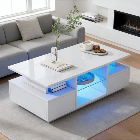 Mesa de centro con LED blanca de alto brillo, 100 x 50 x 36 cm, 2 cajones y estantes de vidrio, carga 30 kg, para salón moderno, ordenado y acogedor – CHICFURN (1/5)