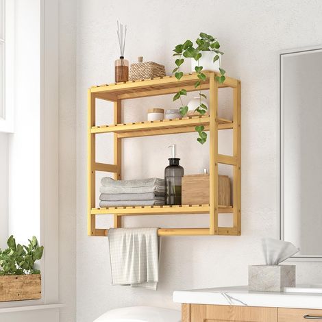 1 - Étagère Murale - Rangement Salle de Bain - Organisateur 3 Niveaux avec Tringle à Serviettes - Gain de Place au-Dessus des Toilettes - Bambou Naturel - 60x25x80cm (1/5)