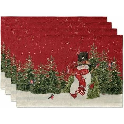 Set of 4 Christmas Placemats Snowman Red Pine Holiday Decor Washable Kitchen Dining Table Party Decoration 30x45cm (1/5)