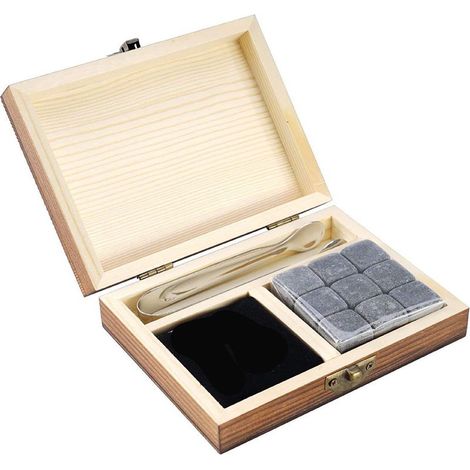 Set mit 9 wiederverwendbaren Granit-Weinsteinen, ideal zum Kühlen von Whisky oder anderen Getränken, inklusive Geschenkbox aus Holz. (1/5)