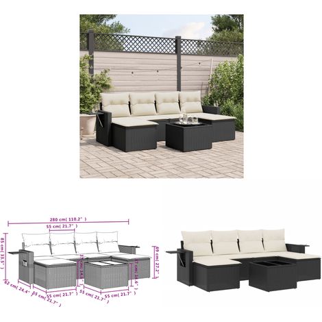 7-tlg. Garten-Sofagarnitur mit Kissen Schwarz Poly Rattan - Gartenmöbel - Gartensorte - Lounge Set - Outdoor Möbel - Rattan Gartenmöbel - Home & Living (1/3)