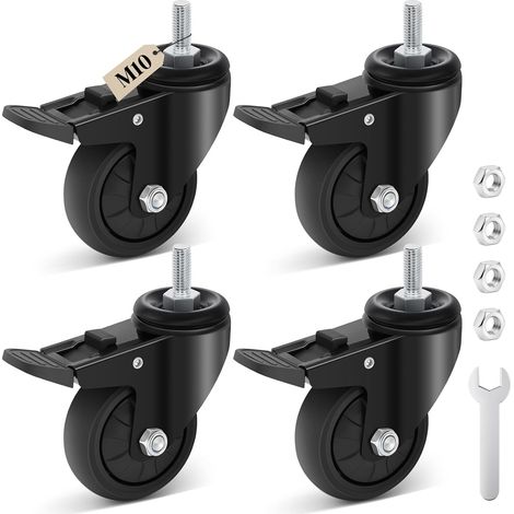 75mm Roulettes Pivotantes avec Frein, Tige Fileté M10x1,5x25mm, TPR Roulettes pour Meubles Noir,Roulettes Etendoir Charge 300KG, Silencieux Stable pour Établis, Chariots à Outils, Barbecues (1/5)