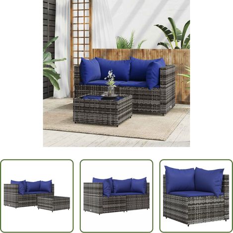 Gartenmöbel - 3-tlg. Garten-Lounge-Set mit Kissen Grau Poly Rattan (1/5)