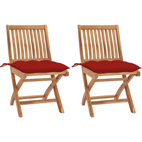 vidaXL Sillas plegables (2 unidades) con cojines rojos, de madera maciza de teca. (1/5)