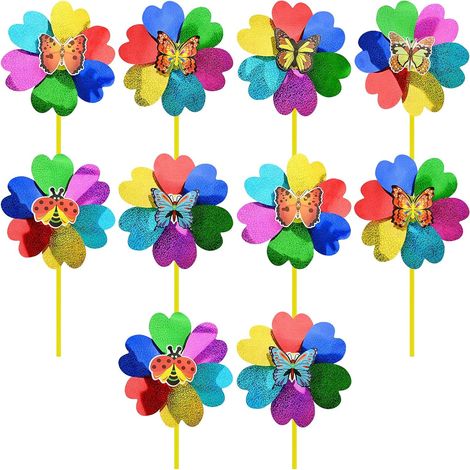 10 Pièces Moulin à Vent Arc en Ciel, Éoliennes à Fleurs colorées, Jouets pour Enfants Moulin à Vent, Éoliennes en Plastique répulsif pour Oiseaux Extérieur DIY Décoration de fête de Jardin (A) (1/5)