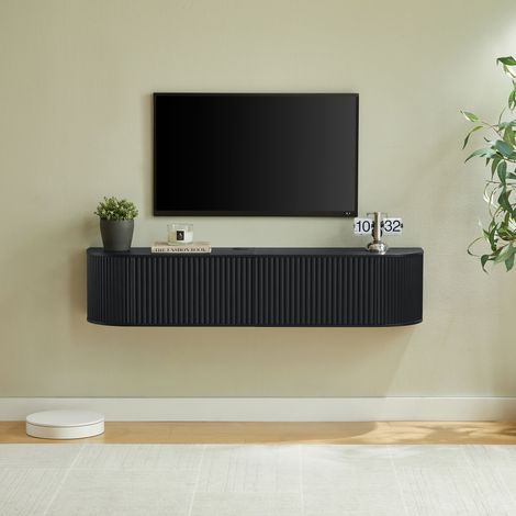 Meuble TV suspendu flottant 140 cm avec grand rangement et passage de câbles, TV mural moderne en bois d'ingénierie, angles arrondis Noir (1/5)