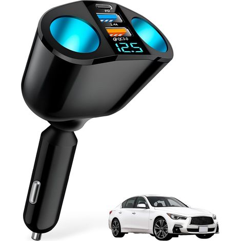 120W Dual USB QC3.0 & PD Car Charger, Dual Cigarette Lighter with LED Voltmeter, Fast Charging, USB Car Charger for Phone, GPS, Tablet, Dash Cam (1/5)