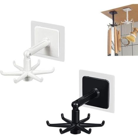 360° Rotating Folding Hook, With 6 Punch-Free Self-Adhesive Hooks, Used in Kitchen and Bathroom, Space Saving, White and Black (2 Pieces) (1/5)