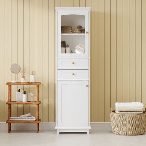 Meuble de salle de bain 45x36x160cm - 2 tiroirs et 2 portes - étagères réglables - poignées dorées - MDF - blanc (1/5)